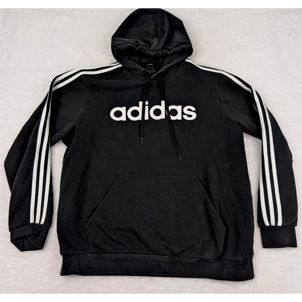 Adidas Three Stripe Hoodie Men's XL Black Pullover Spell Out Logo